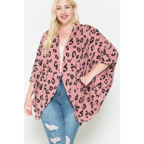 Pink Leopard Print open front Kimono Cardigan - Picture 6 of 6